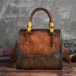 Johnature Handmade Embossed Women Leather Bag 2024 New Vintage Handbag Versatile Female Shoulder & Crossbody Bags