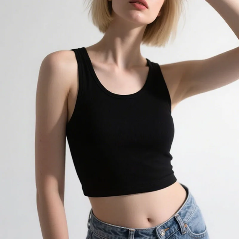 

Black Basic Rib Knit Vest Women's Summer Retro Comfortable Sleeveless Camisole 90' S Cool Girl Street White Soft Tank Top