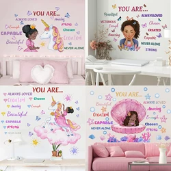Black Girl Princess Unicorn Mermaids Wall Decal, Butterfly Stars Wall Stickers, Positive Nursery Decor, Kid Room Bedroom