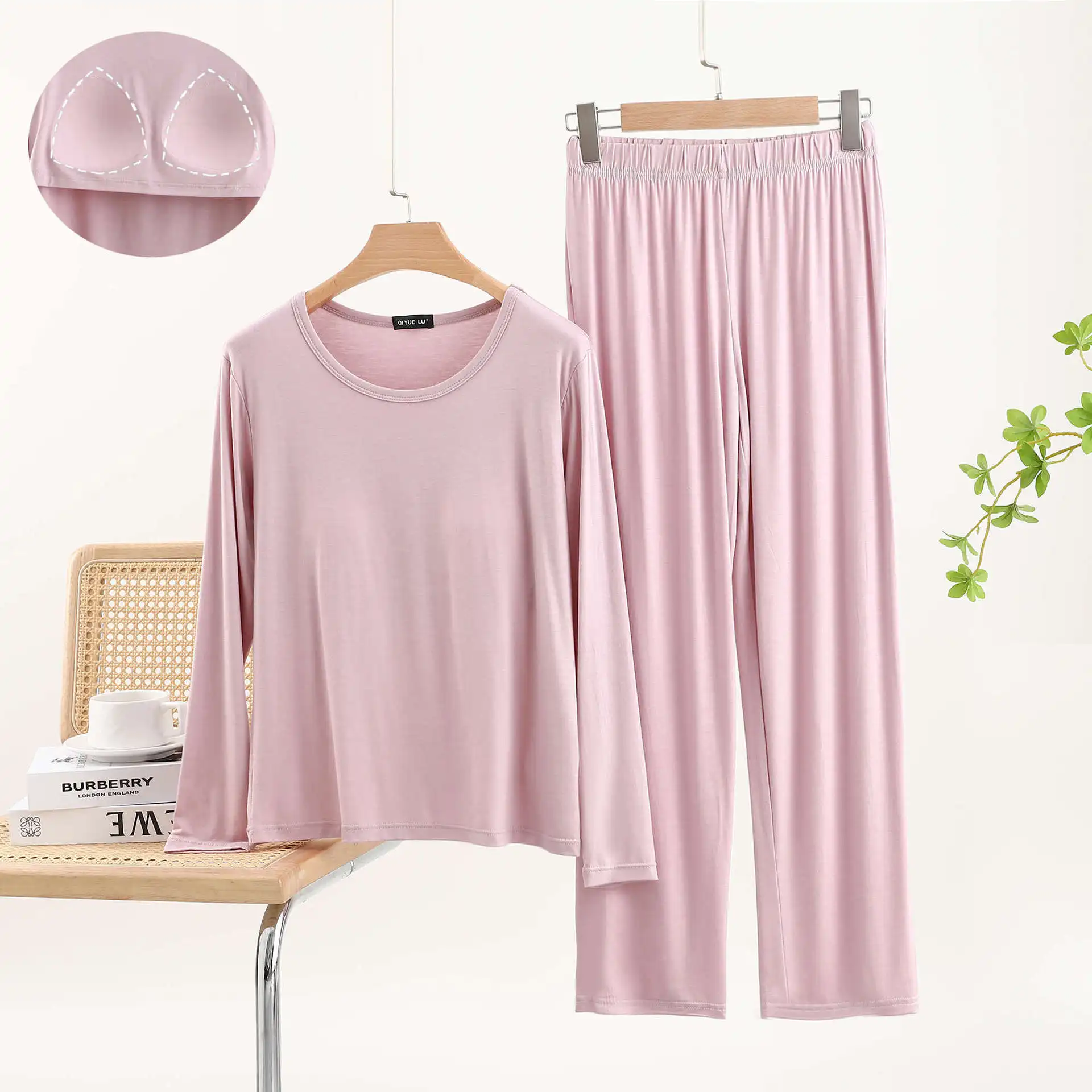 Modal Spring and Autumn Round Neck Long Sleeved Pajamas Women's Chest and Loose Large Size Sleepwear Homewear Student Nightwear 3