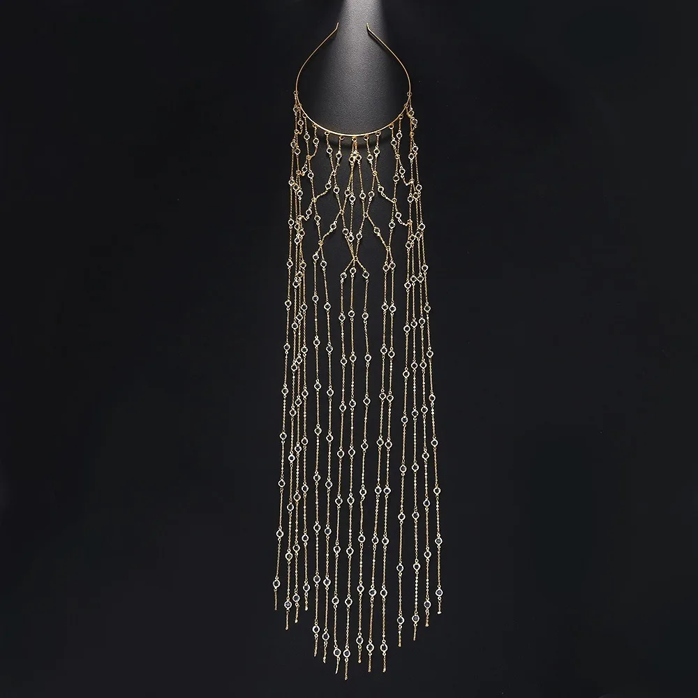 

Mesh Design Head Chain Jewelry Round Rhinestone Long Tassels Fringe Hairband Metal Tassels Bling Design Hair Chain