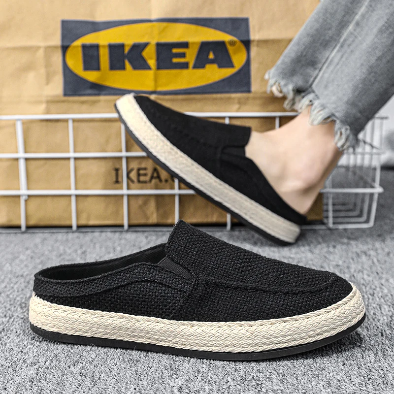 Outdoor Sandals Mens Half Slipper Summer Casual Shoes Canvas Soft Bottom Lightweight Walking Shoe Vulcanized Shoe
