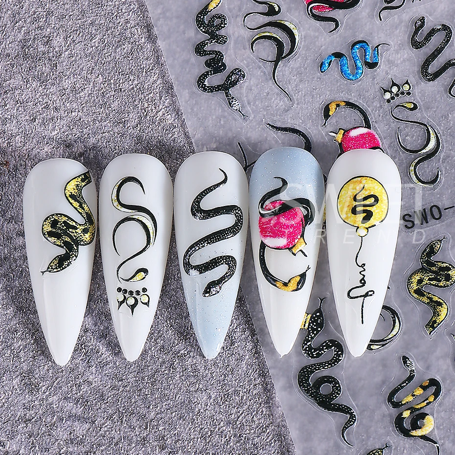 ﻿   สติกเกอร์ติดเล็บฮาโลวีน 2 ชิ้น Y2K งู พระจันทร์ ใยแมงมุม นกกา กะโหลก ดอกกุหลาบ สติกเกอร์ติดเล็บแบบมีเท็กซ์เจอร์ สไลเดอร์ DIY ตกแต่งเล็บ