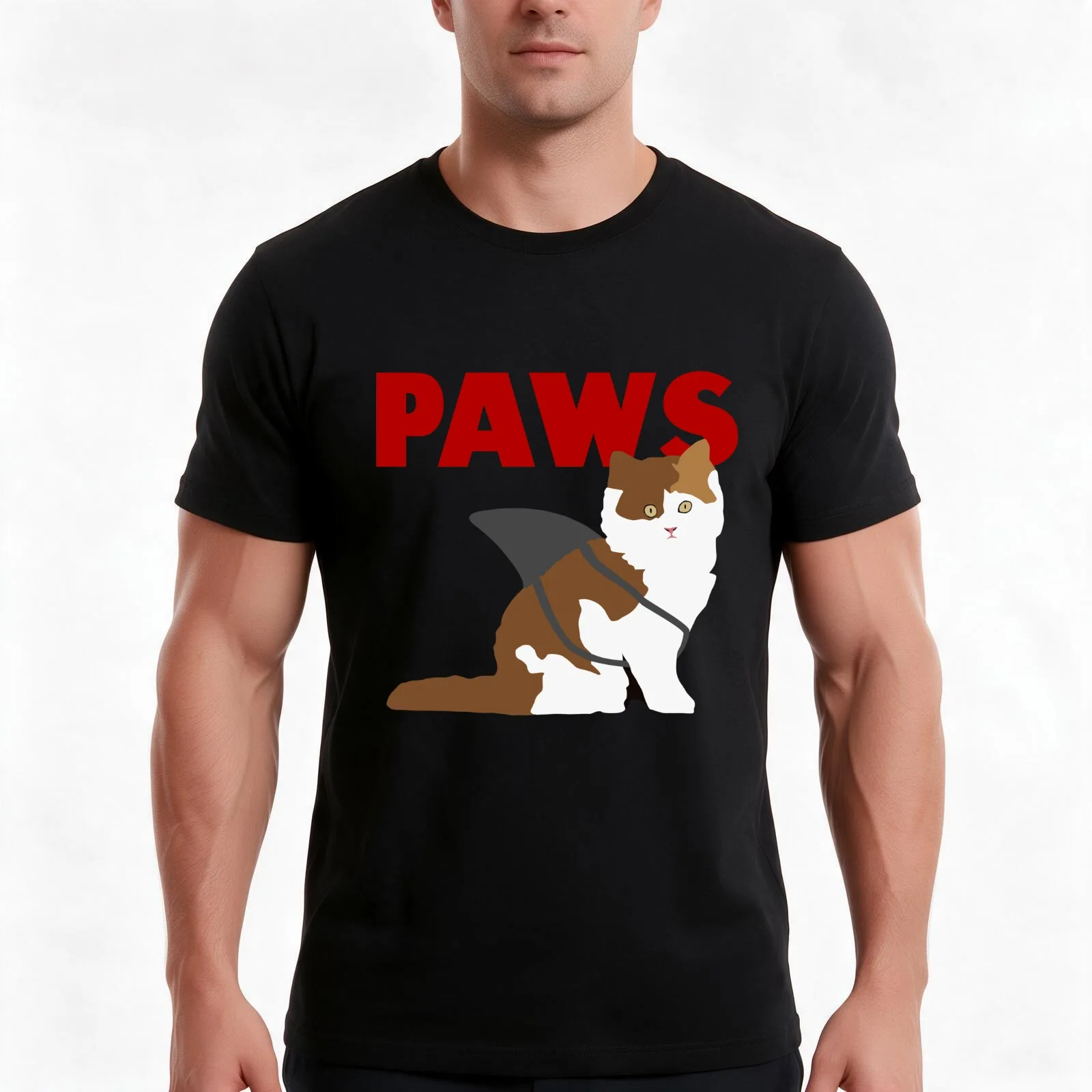 Paws - Jaws Parody T-Shirt, Summer Casual Cotton Tee, Oversized Streetwear Tops, Vintage Graphic Print, Loose Fit Short Sleeve