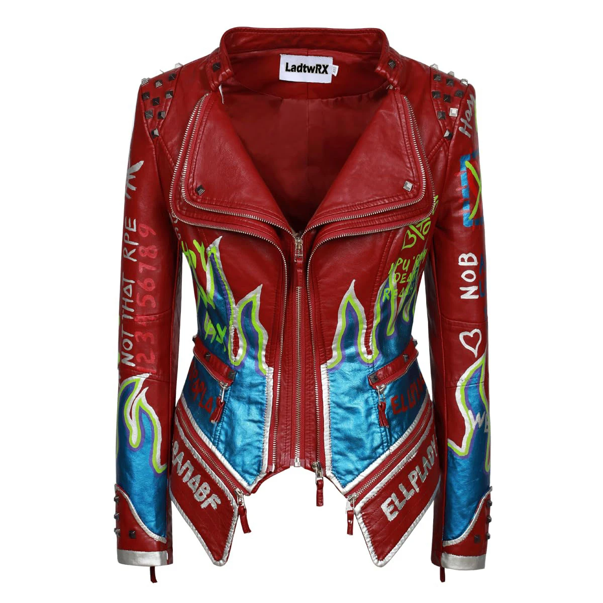 Women's Fashion Spikes Jacket Perfectly Shaped PU Faux Leather Rivets Top Hand Panited Graffiti Studs Punk Fit Motorcycle Coat