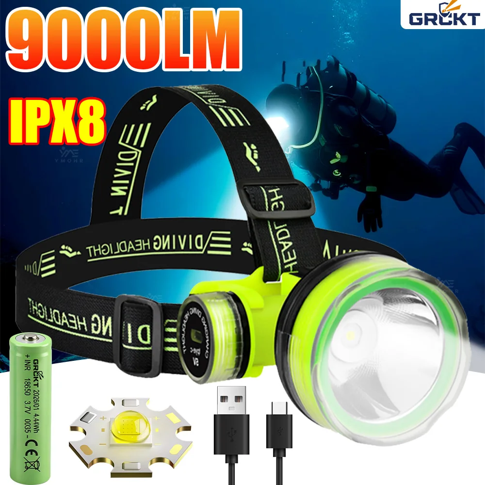 GRCKT 9000LM LED Scuba Diving Headlights Waterproof Rechargeable Diving Flashlight Professional Underwater 150M Diving Headlamps