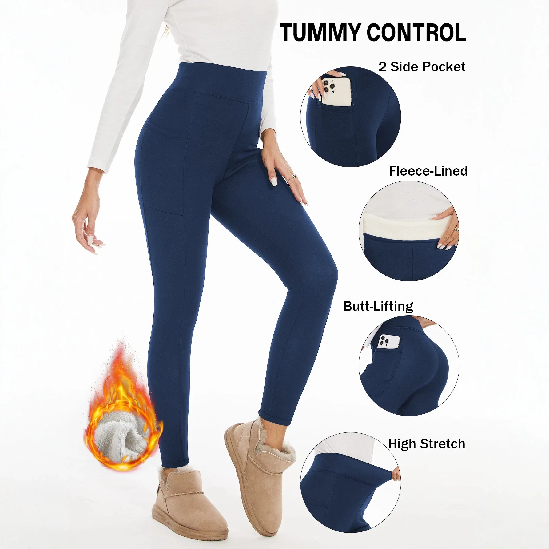 High Waist Women Winter Thermal Leggings Fleece Lined with Side Pockets Tummy Control Stretch Yoga Running Tights