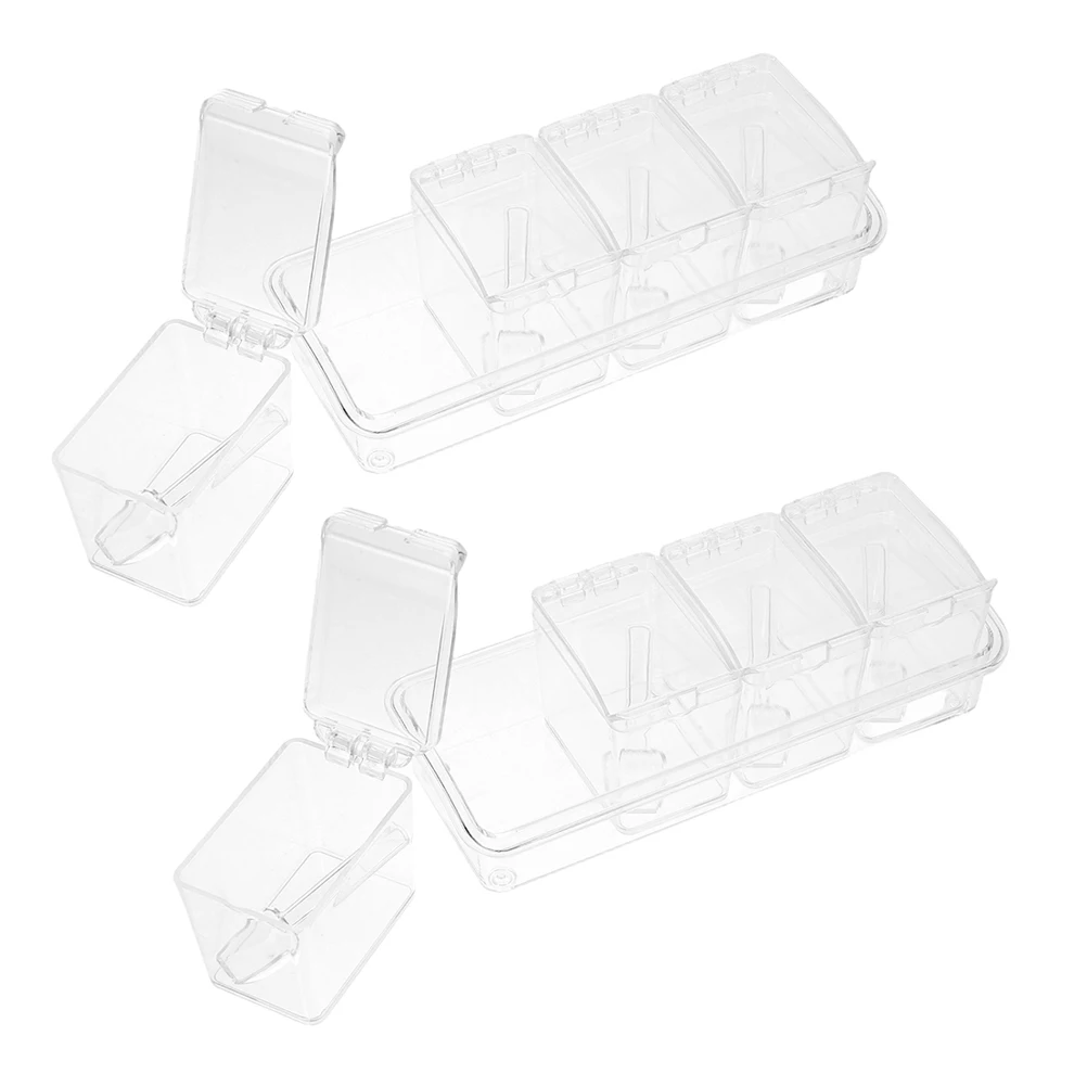 

2 Sets Clear Condiment Plastic Seasoning Storage Pots With Spoons Lid Space-Saving Kitchen Organizer For Multiple Occasions
