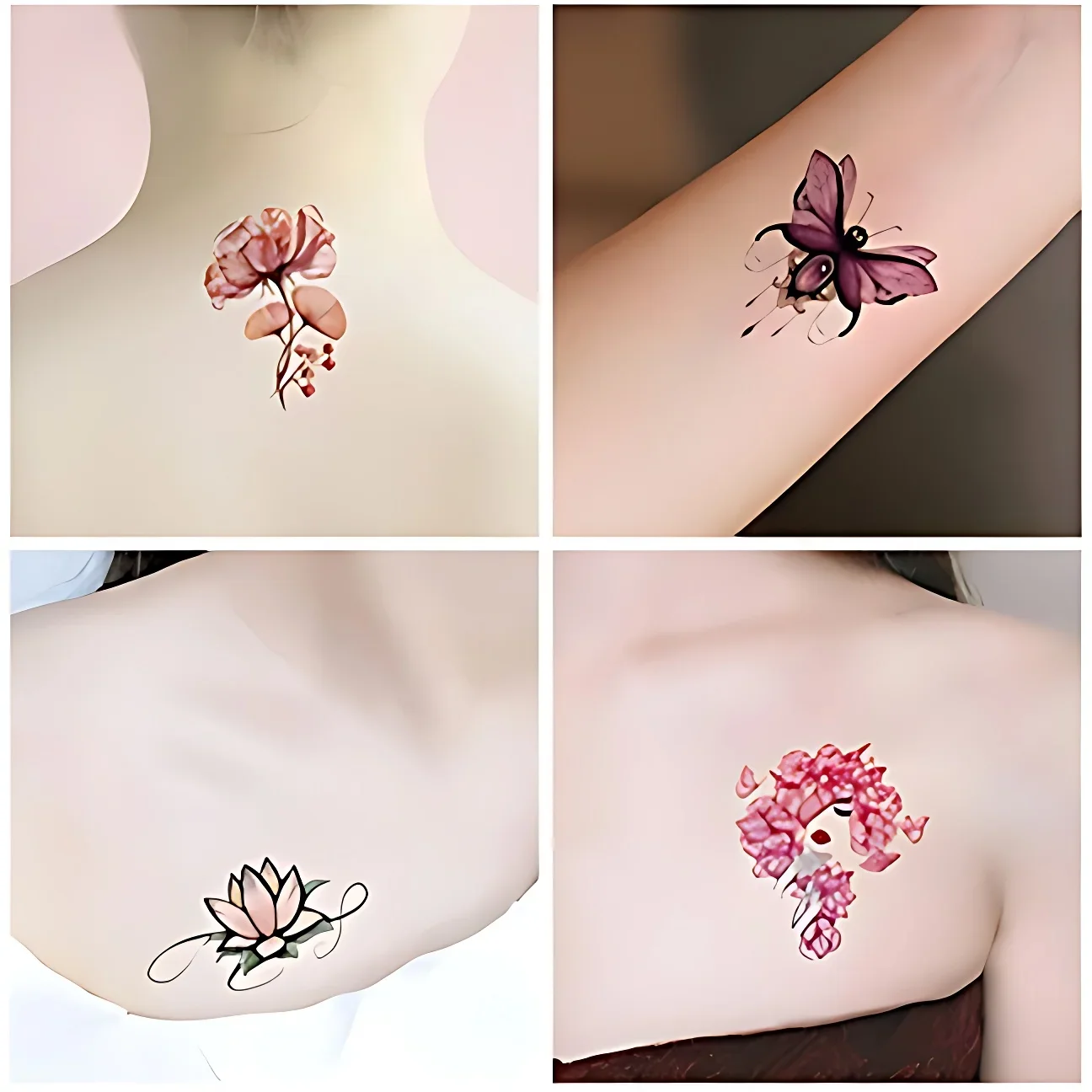 60pcs/set Fake Transfer Tattoos Girls Color Bear Smiling Face Flower Butterfly Red Lily Leaf Tattoo Sticker for Women Neck Arm