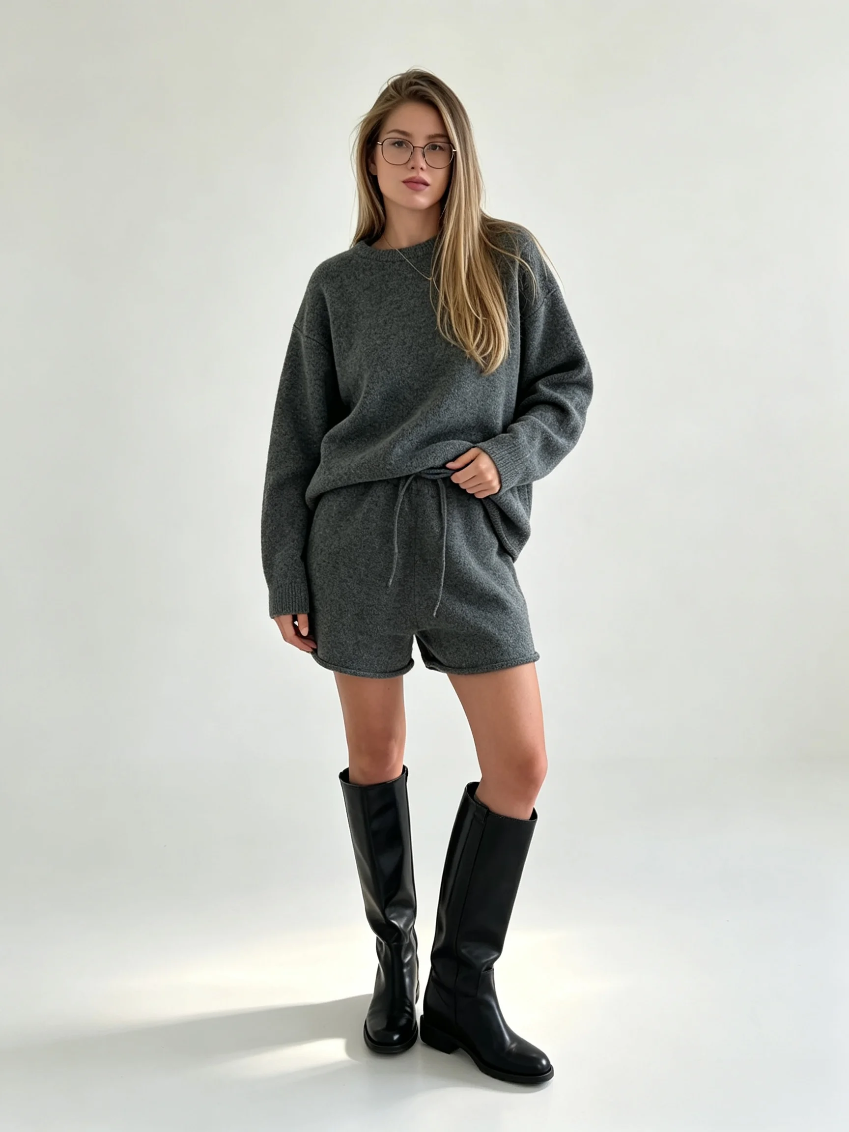 Wolfeel Women's Two-piece Round Neck Fashionable Minimalist Top and Elastic Drawstring Shorts Set Suitable for Casual Home Wear