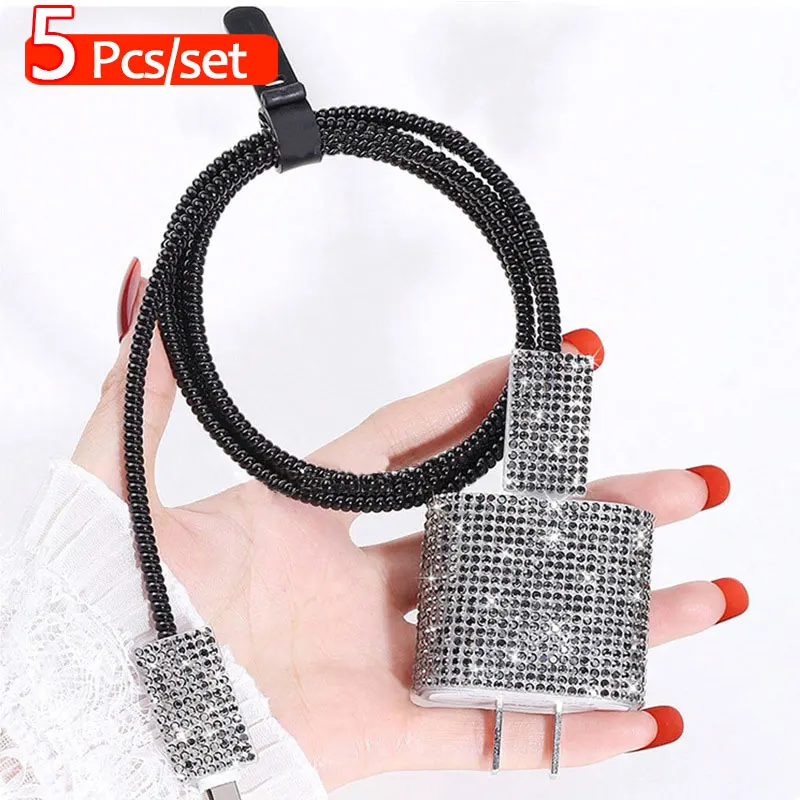 Capa protetora de carregador 5 em 1 para iPhone 18W / 20W Carregador USB C Protetor de carregador de strass brilhante
