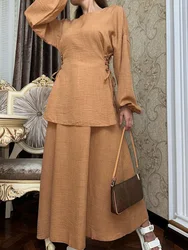 New In Dresses Islamic Abaya Muslim Dubai, Women Clothes Turkish Bandage Top Maxi Skirts Abaya Set, Spring Summer Loose Eid Suit