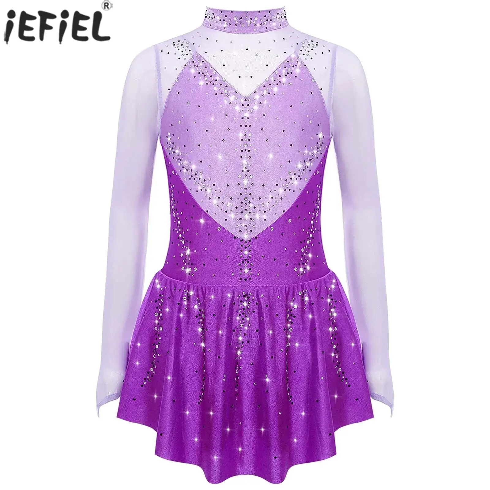 Kids Girls Rhinestones Figure Skating Dress Ballet Dance Rhythmic Gymnastics Performance Costume Long Sleeve Sheer Mesh Leotard