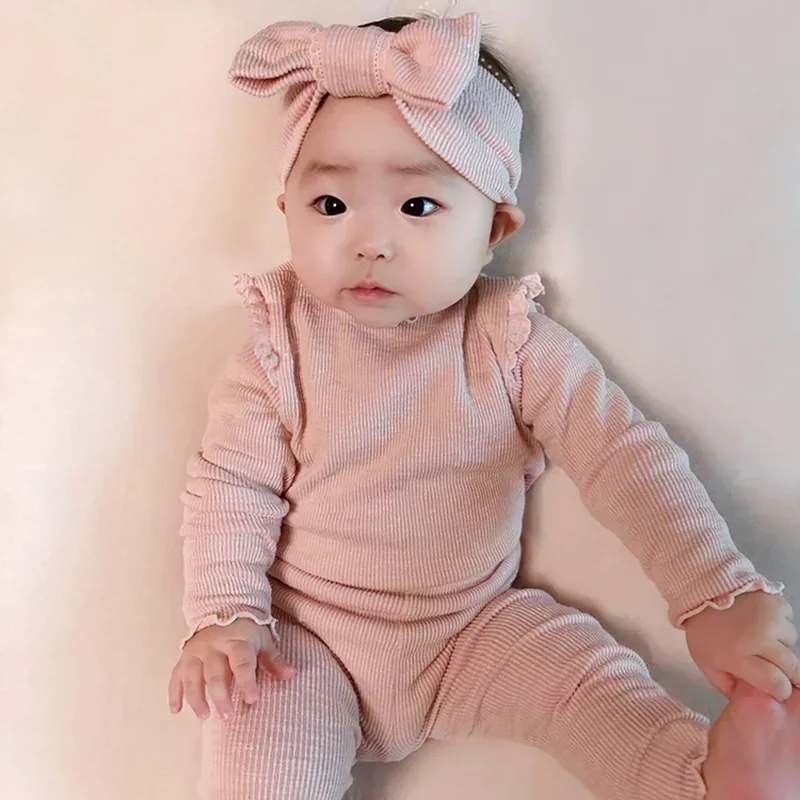 2Pcs Baby Outfits Newborn Cotton Long Sleeve Bodysuit + Leggings Solid Color Infant Clothes Sets