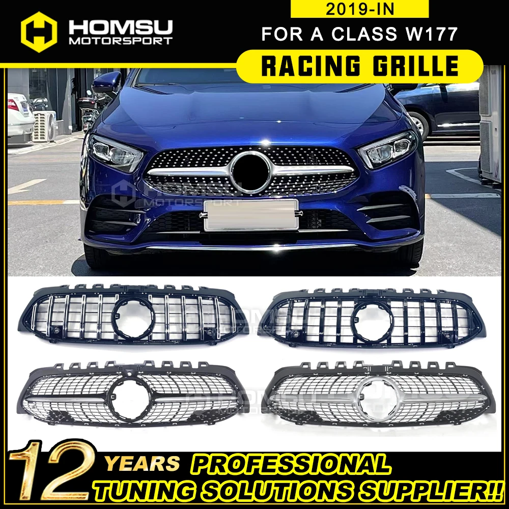 For New A Class W177 diamond Grille Year 2018 2019 2020 For Mercedz-Benz w177 A200 Sports Sedan Front Bumper Racing Car Styling