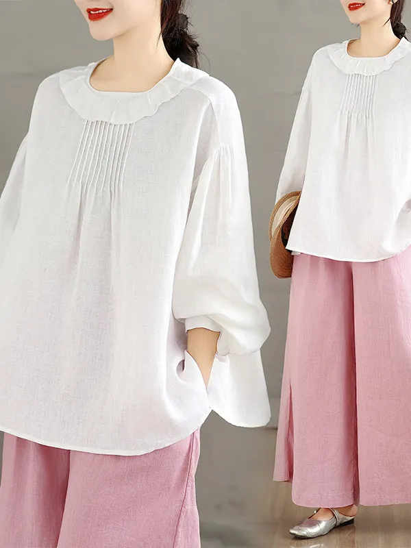 

Faionable Long Sve irt, женская плиссированная одежда большого размера с воротником лотоса, универсальная художественная повседневная внутренняя одежда для повседневного использования