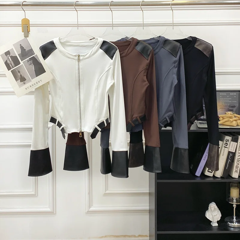 

American Sle round Ne Slim Fit PU Leather Long Sve Asymmetrical Zipper irt Women's Faion Versatile Base Layer Top