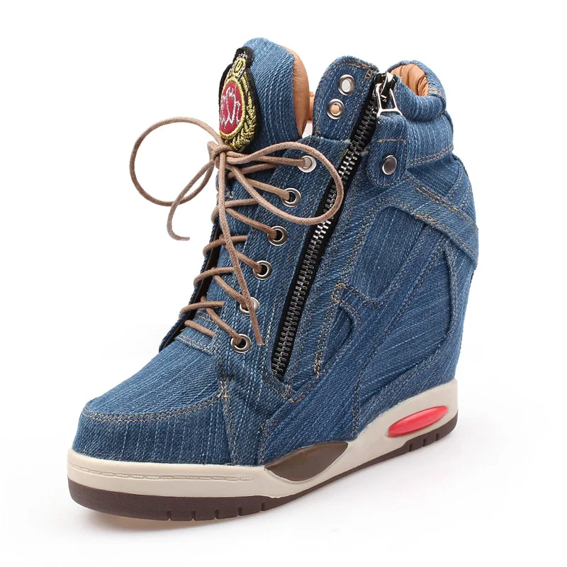 

2026 New 9cm Spring And Autumn Height Increasing Denim Booties Women Fashion Lace Up High Heels Shoes Fashion Boots Lady Shoes
