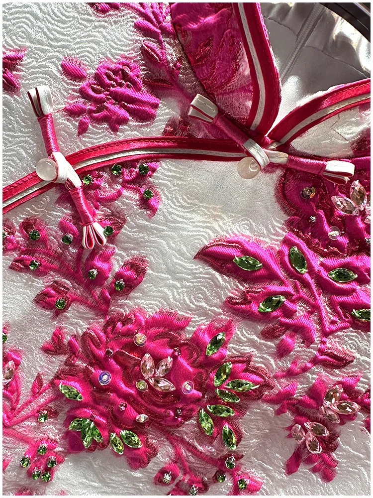 Robe Cheongsam de luxe à col montant, style chinois, manches courtes, ligne a, diamants, perles, robe de soirée de Banquet, printemps été