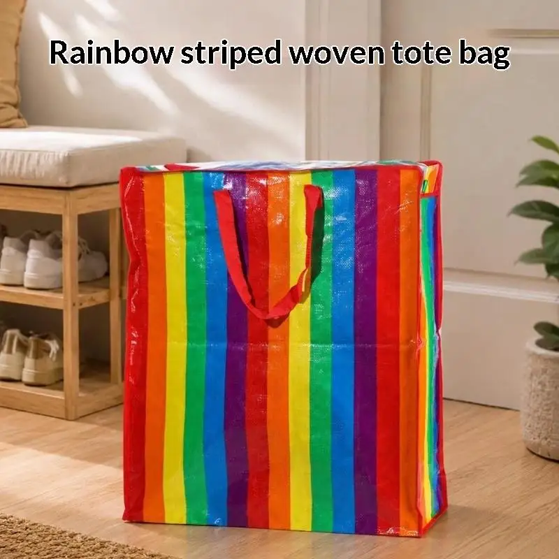 Rainbow Stripe PP Woven Large Capacity Storage Bag Heavy Duty Foldable Reusable Tote Handbag for Daily Commute Shopping