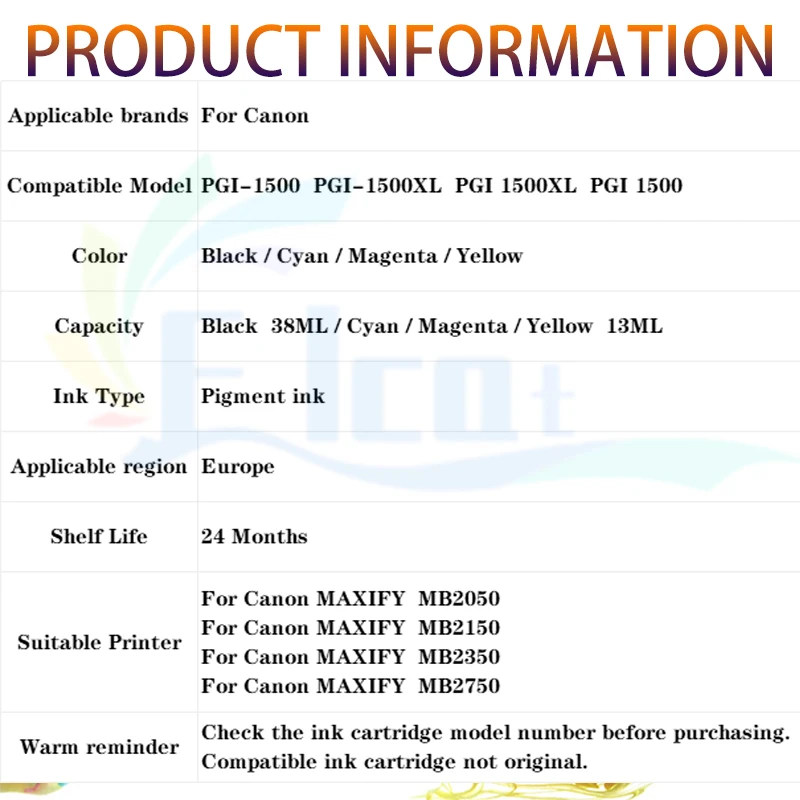 PGI-1500XL PGI-1500 PGI1500 PGI1500XL Ink Cartridge Compatible for Canon MAXIFY MB2050 MB2150 MB2350 MB2750 Printer Cartridge
