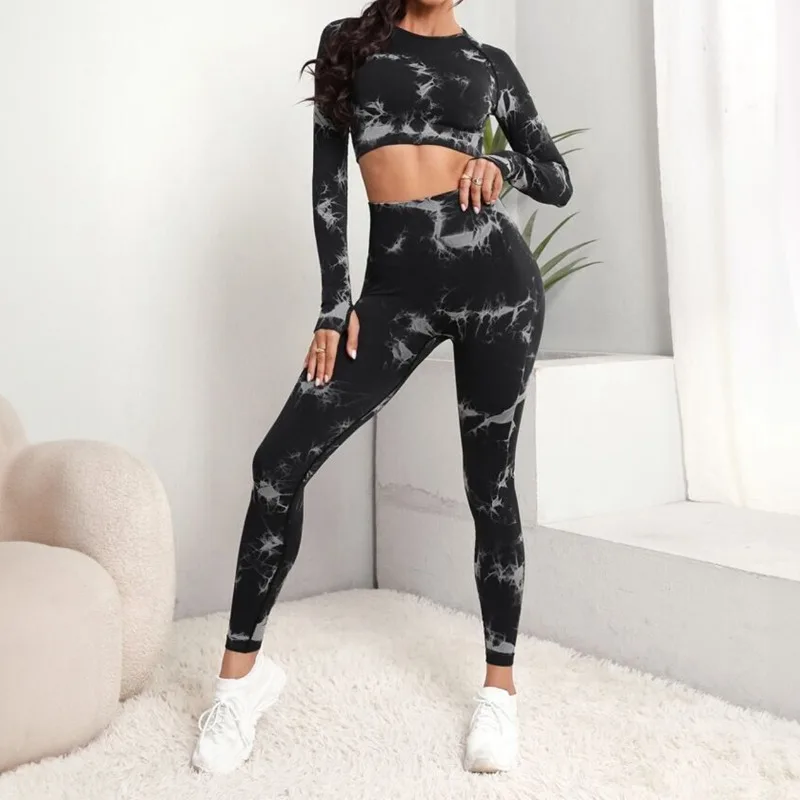 Tie Dyed Seamless Yoga Set  Long Sleeved Slim Crop Top & High Waist Hip Lift Yoga Pant Set Gym Fitness Sportswear Sets for Women