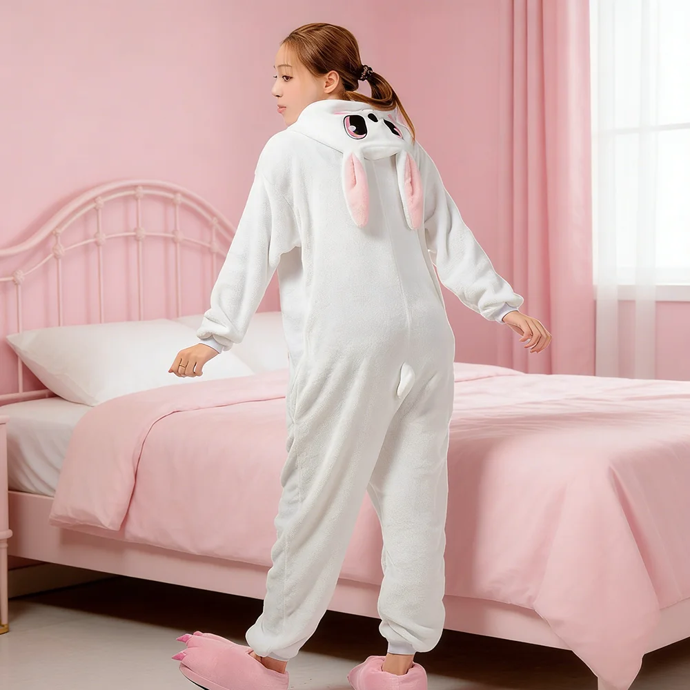 Kigurumi Adults Unisex Rabbit Pajamas Cosplay Halloween Winter Women Onesies Flannel Hooded Jumpsuit for Couples Party Clothes