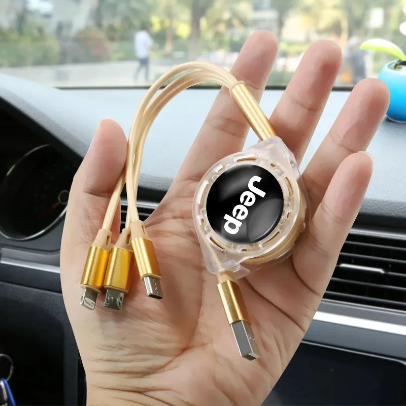 

Portable Jeep 3 in 1 Retractable USB Charger Cable Fast Charging Data Cord for Renegade Wrangler JK JL Car Interior Accessories