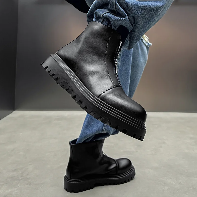 أحذية رجالية عصرية ذات نعل سميك من Punk Rock أحذية جلدية أصلية عصرية باللون الأسود أحذية كاوبوي للكاحل مصممة تشيلسي قصيرة بوتاس هومبر #3