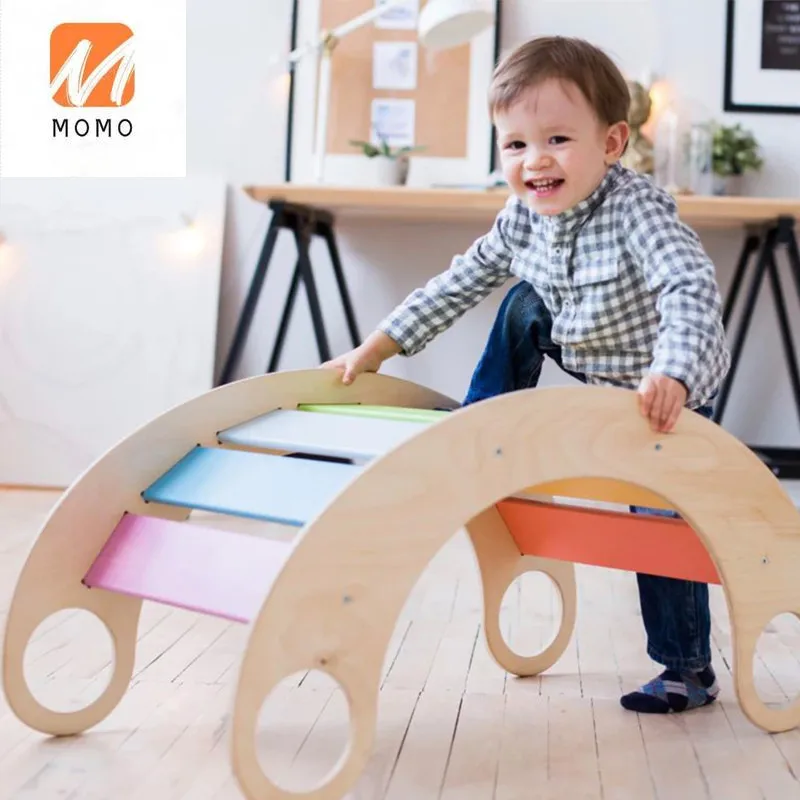 Children Wooden Balance Rocking Board Climbing Interactive Arch Rocking Chair Montessori Educational Toy Rainbow Ladder