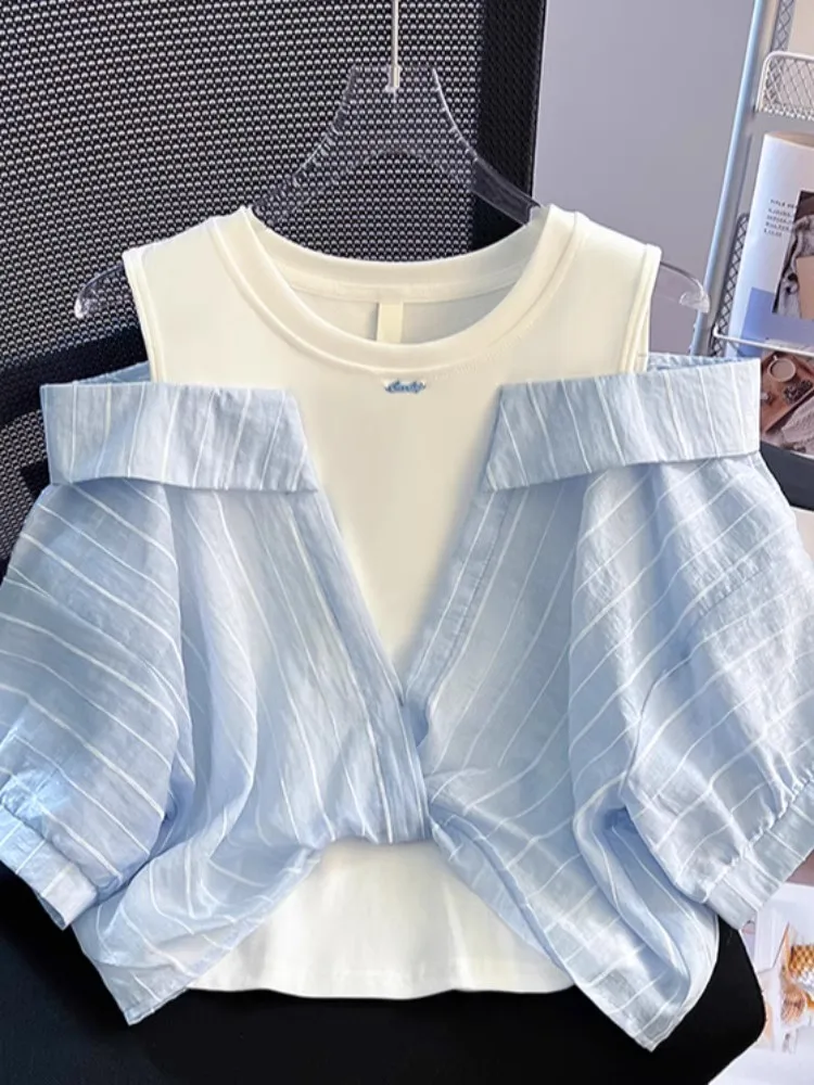 

Loose Fit Color Blo ort Sve irt Women's Summer New Sle oulder Bared Design Korean Sle Office Commute Faion