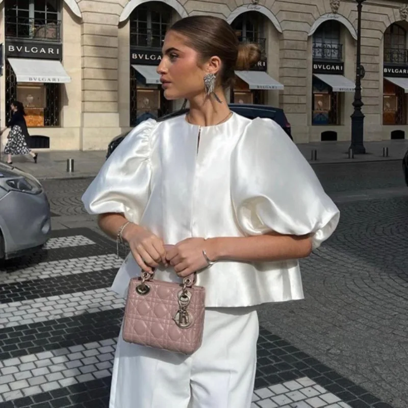 2026 Spring Summer Women's Fashion Satin Bubble Sleeve Short Top Casual Loose White Shirt European American Elegant Style
