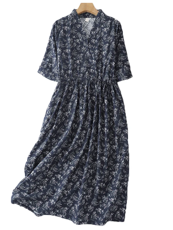 

Loose Floral Print Midi Dress Women's plus Size Vintage Artistic Style Breathable Short Sleeve V-Neck High Waist A-Line Skirt