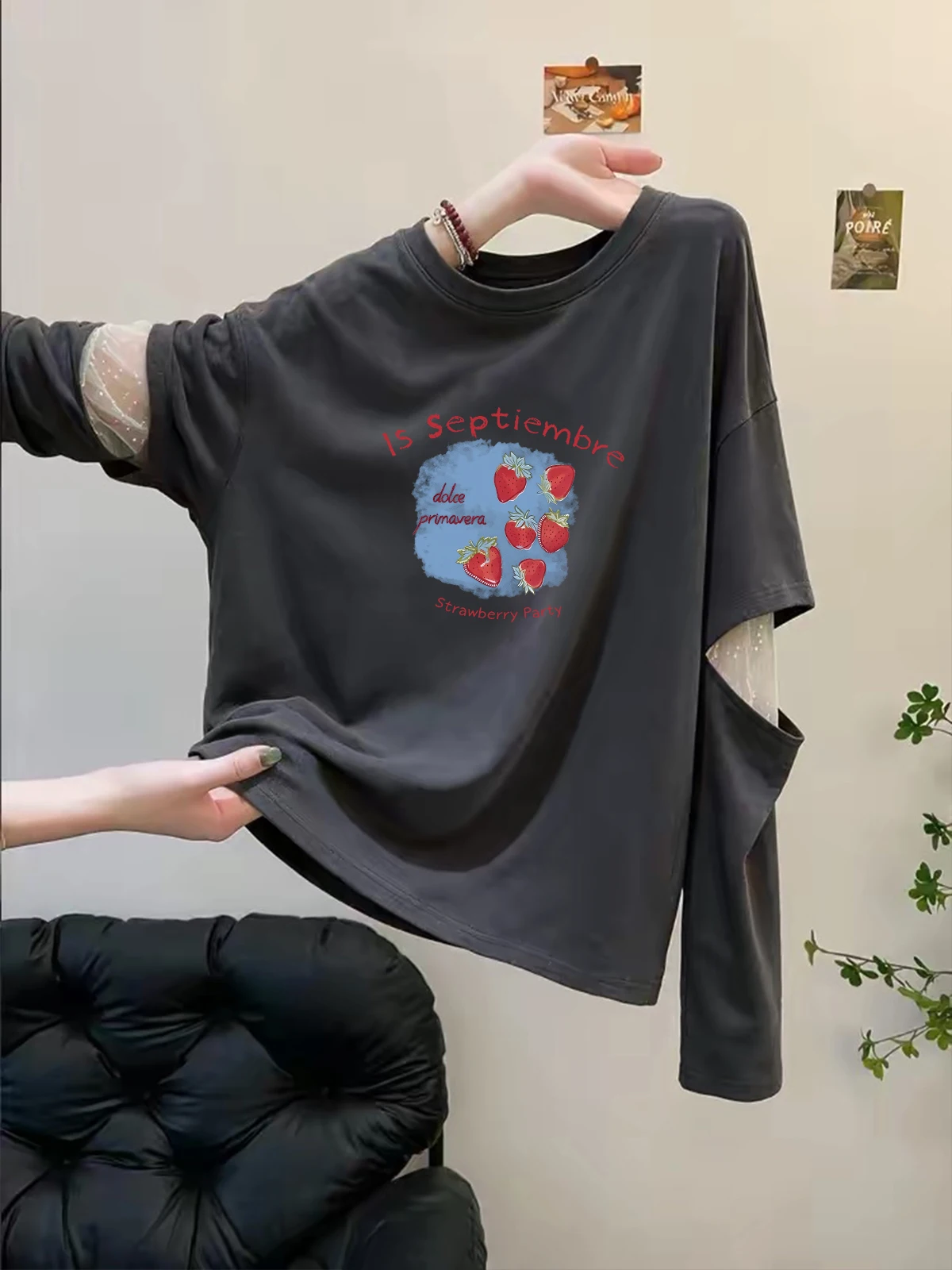 High-End Women's Long Sleeve T-Shirt Mesh Splicing Fake Two-Piece Autumn Fashion Versatile Beautiful Top Relaxing Style Creat...