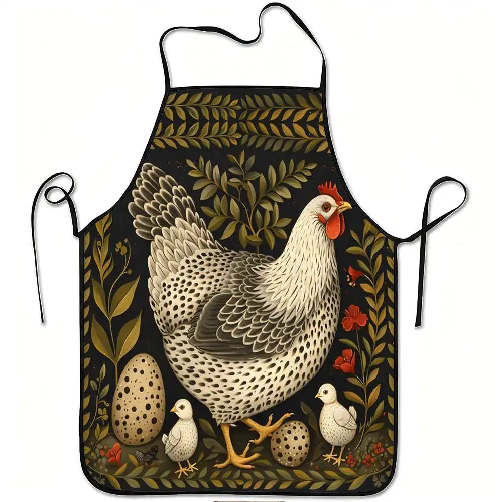 Country Folk Art Hen Baby Chick Egg Plant Floral Pattern Waterproof Apron For Farm Family Baking Grilling Rural Party Present