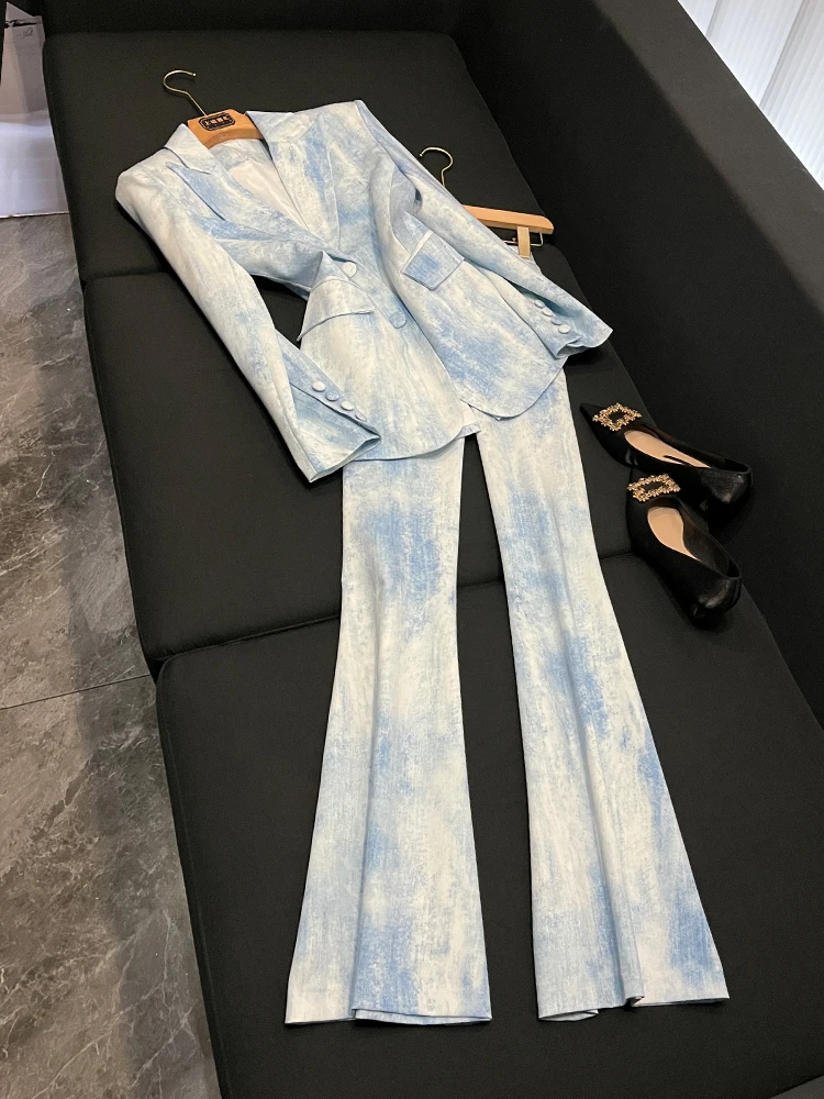 

Autumn Winter Tie Dye Print Slim Fit Midi Length Suit Jaet And Pants Set Two Piece A3000 Cotton Women's Faion Ensemble