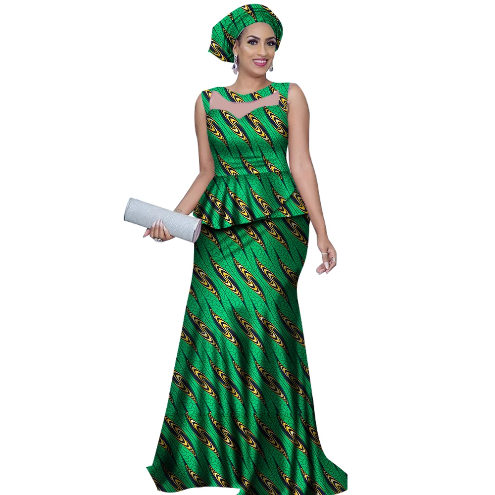 Women Top and Mermaid Skirt Sets with Headtie Bazin Riche African Print Dresses for Women 2 Pieces Skirts Sets Clothing WY2812
