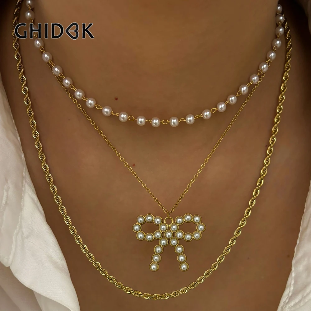 GHIDBK Fashion Gold Plated Imitation Pearl Bow Pendant Necklace Women's Fried Dough Twists Chain Stainless Steel Jewelry Gifts