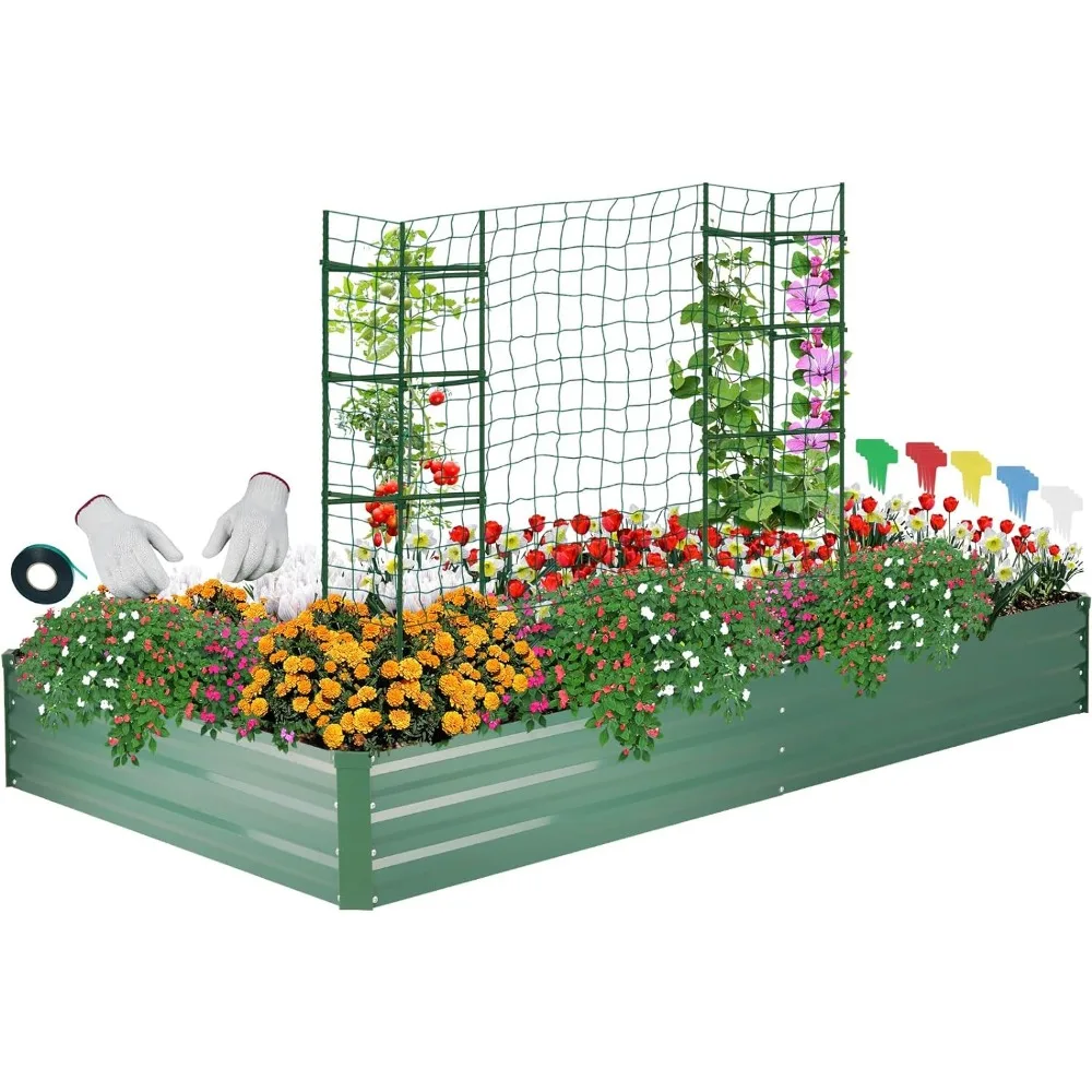 

Galvanized Raised Garden Bed for Vegetables Flowers Herbs, Metal Raised Garden Bed Kit with 2 PCS Tomato Cage, Gloves, Trellis N