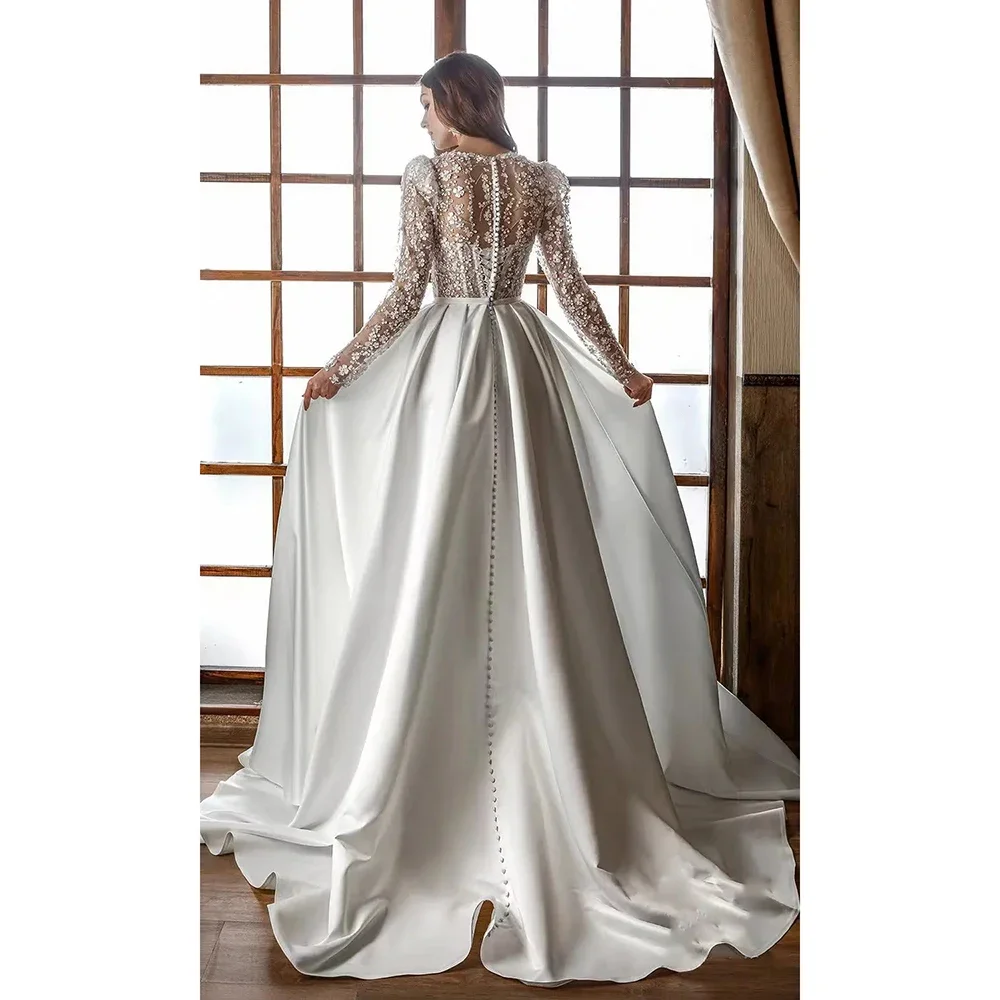 Robe De mariée élégante personnalisée, décolleté en v profond, manches longues, avec des appliques en dentelle, ligne A, robe De mariée princesse