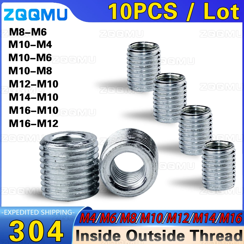 10pcs Inside Outside Thread Adapter Screw Nuts Insert Sleeve Converter Nut Coupler M4 M6 M8 M10 M12 M14 M16 304 Stainless Steel