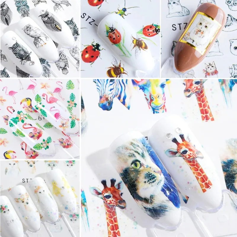 Juego de 1 pieza de pegatinas para uñas con estampado de animales a la moda, pegatinas al agua, flamencos, jirafas, arte de uñas opcional, decoración de uñas