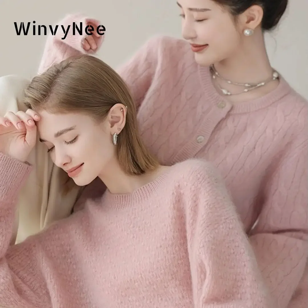 

WinvyNee Women's Clothing Cashmere Wool Sweaters Cardigans O neck Twisted Pink Warm Solid Knit Coats Outerwears Winter B1044043A