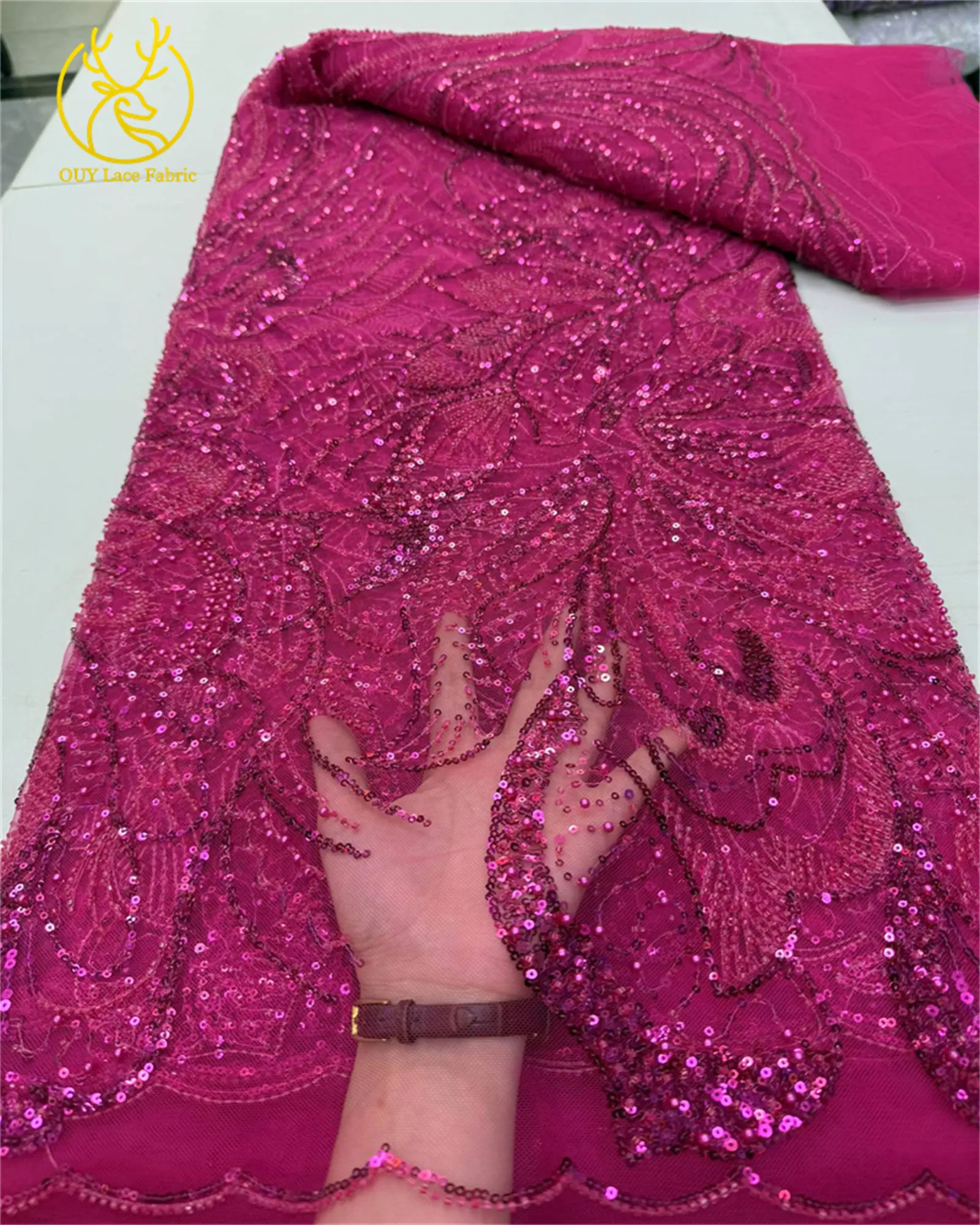 Wholesale Hot Selling African Beaded Lace Fabric 2025 High Quality Green French Nigerian Sequin Lace Fabric for Wedding Dress - Image 4