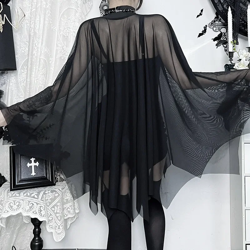 2025 New Dark Mesh Sheer Batwing See Through 2 Piece Sets Backless Bodysuit and Cloak Suits Women Gothic Halloween Cosplay Sets