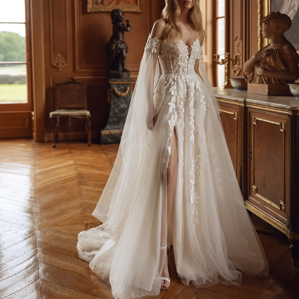 

Customized Strapless Wedding Dresses Deep V Neck Off Shoulder Sleeves Bridal Growns Applique Lace Slit Beading Vestido de novia