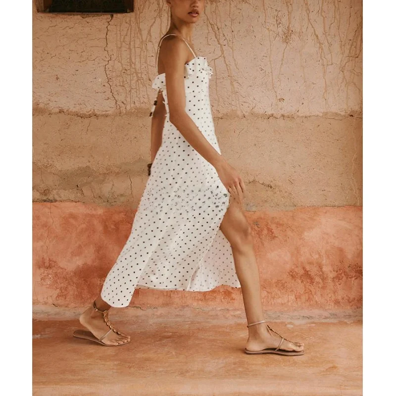 Vestido Midi F de Verão com Estampa de Poá, Decote em V, Decoração em Camadas, Linho Misto, Laço Borboleta, Cintura Al...