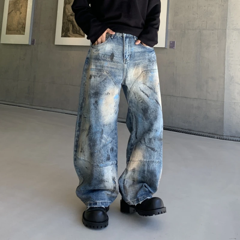 

Denim Pant Men Jeans Loose Full Length High Waist Trousers Vintage Y2k Streetwear Casual Dirty Spliced Pants 2026 Spring