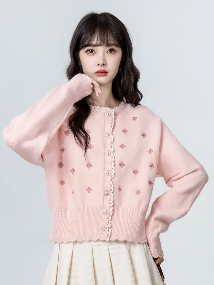 Cardigan rose en dentelle douce pour femmes, Slim, broderie, col rond, pull tricoté, mode coréenne, Style Preppy, hauts à manches longues, nouveau