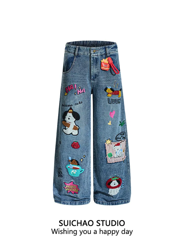 

Retro American Street Cartoon Flocking Denim Jeans Loose Straight Leg Long Pants for Men And Women Winter New Style Couples